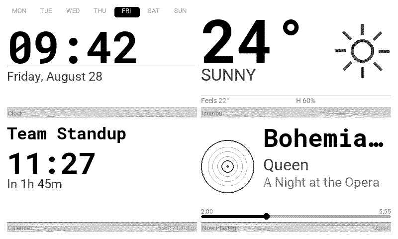 Tomi Frame showing a clock, weather, next calendar event and now playing track