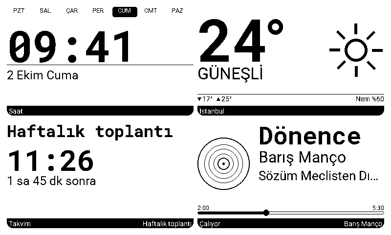 Saat, hava durumu, sıradaki takvim etkinliği ve çalan parçayı gösteren Tomi Frame